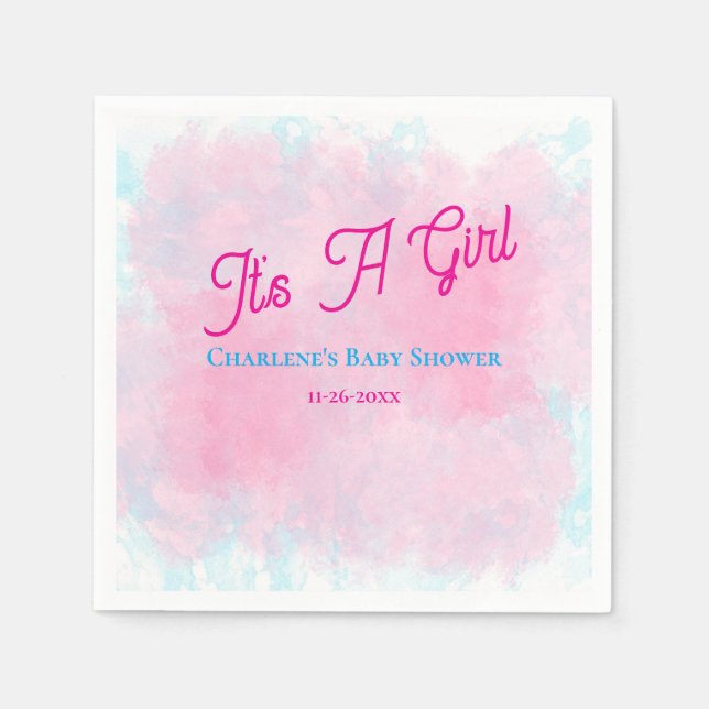 It's A Girl Pink & Aqua Watercolor Baby Shower  Napkin (Front)