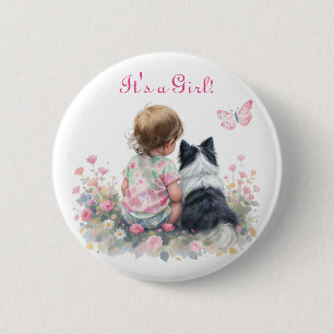 It's a Girl   Pink Baby and Puppy Baby Shower 6 Cm Round Badge