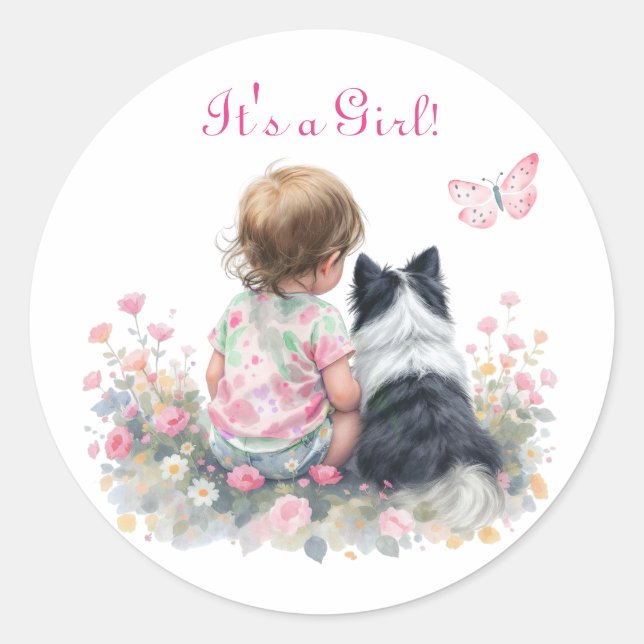 It's a Girl | Pink Baby and Puppy Baby Shower Classic Round Sticker (Front)
