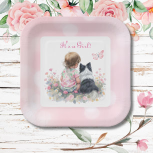It's a Girl Pink Baby and Puppy Baby Shower Paper Plate