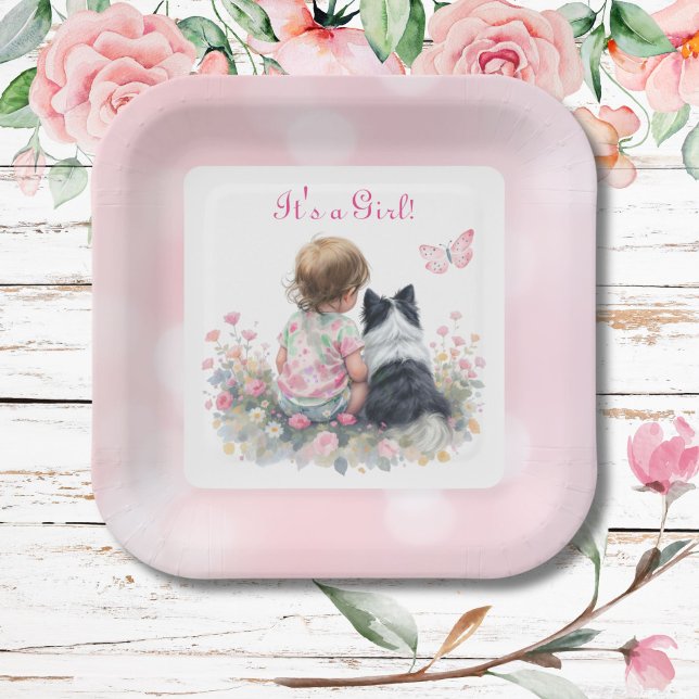 It's a Girl | Pink Baby and Puppy Baby Shower Paper Plate (Creator Uploaded)