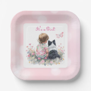 It's a Girl Pink Baby and Puppy Baby Shower Paper Plate