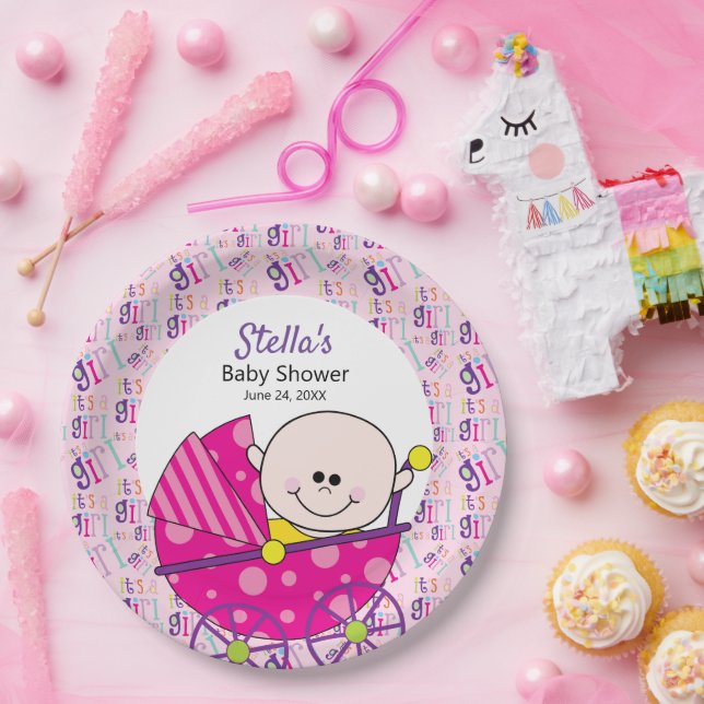It's a Girl Pink Baby Carriage Baby Shower Paper Plate (Party)