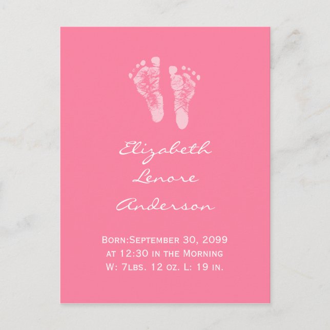 Its a Girl Pink Baby Footprints Birth Announcement (Front)