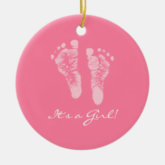 Its a Girl Pink Baby Footprints Birth Announcement Ceramic Tree Decoration