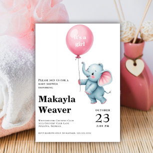 It's a girl pink balloon cute elephant baby shower invitation
