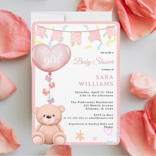 It's a Girl Pink balloon CutTeddy Bear baby shower Invitation (It's a Girl Pink Heart shaped balloon Cute Teddy Bear and butterflies baby shower Invitation Pastel.)