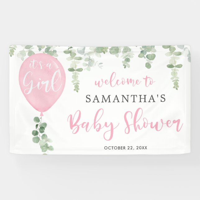 It's a girl pink balloon eucalyptus baby shower banner (Horizontal)