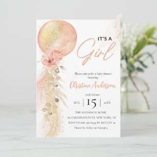 It's a Girl Pink Balloon  Eucalyptus baby shower Invitation