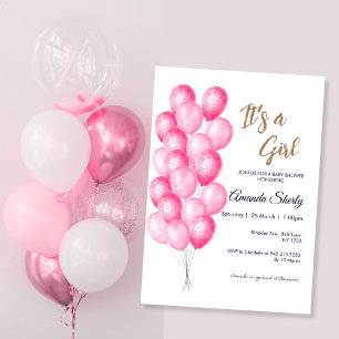 It's a Girl Pink Balloons Baby Shower Invitation