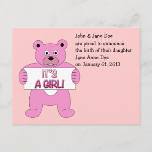 It's A Girl Pink Bear Announcement Postcard
