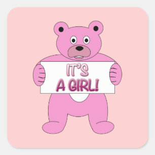 It's A Girl Pink Bear Square Sticker