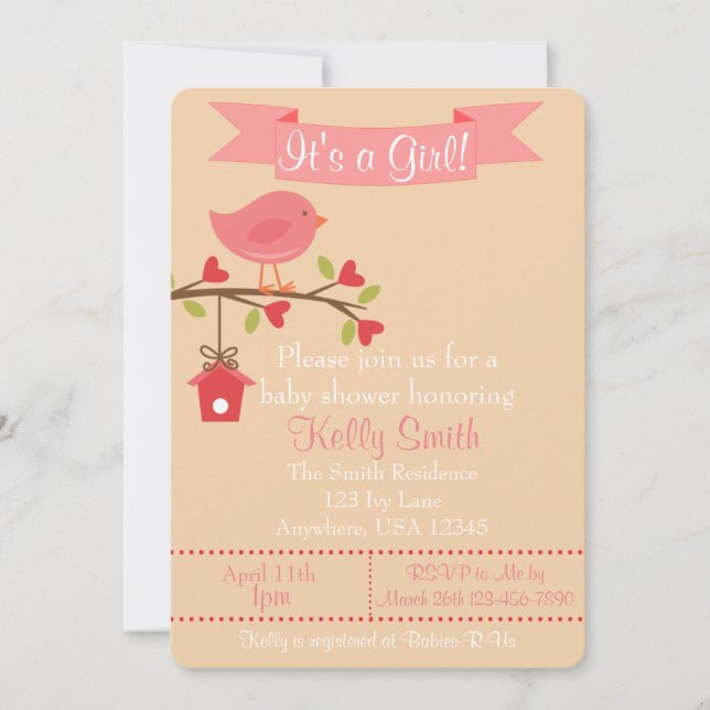 It's a Girl Pink Bird Baby Shower Invitation (Front)