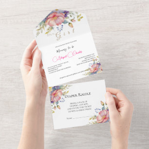 It's a girl pink blush floral all in one invitatio all in one invitation