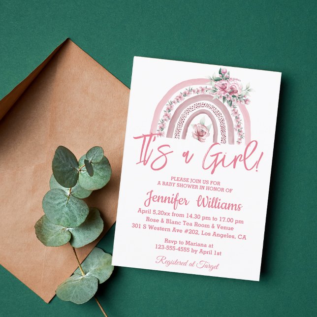 its a girl pink boho floral baby shower minimalist invitation (Creator Uploaded)