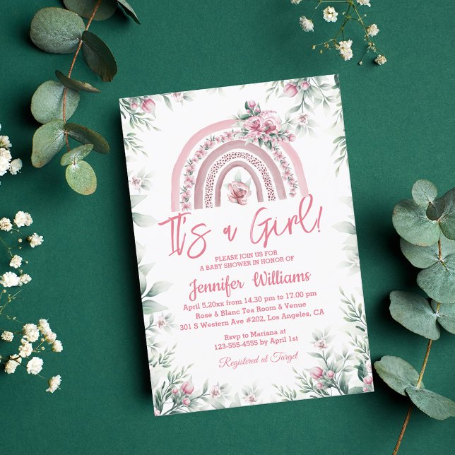 it's a girl pink boho floral baby shower rainbow invitation (Creator Uploaded)