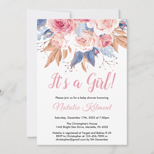 Its a Girl Pink Botanical Floral Girl Baby Shower Invitation (Front)
