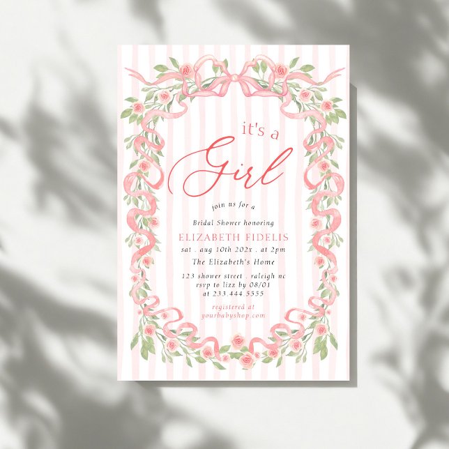 Its A Girl Pink Bow Floral Roses Baby Shower Invitation (Creator Uploaded)