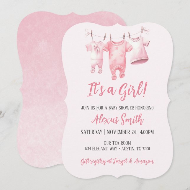 Its A Girl Pink Clothesline Girly Baby Shower Invitation (Front/Back)