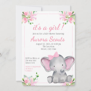It's A Girl Pink Cute Elephant Baby Shower Invitation
