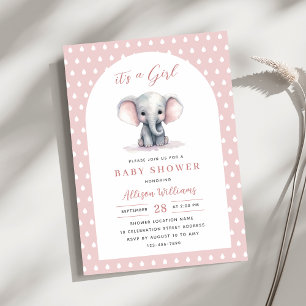 Its a Girl   Pink Cute Elephant Girl Baby Shower   Invitation