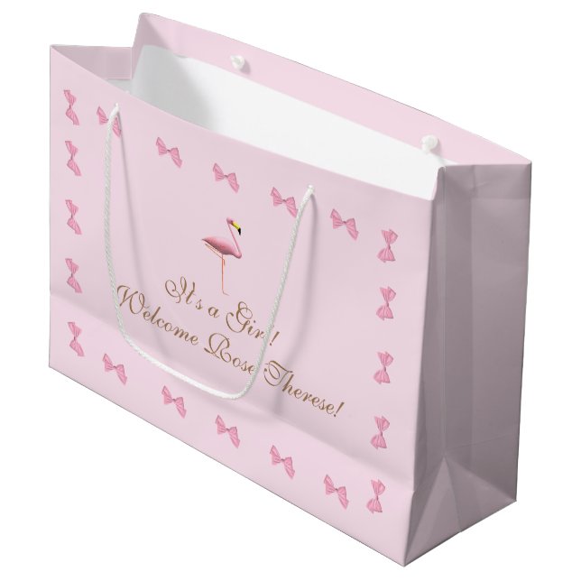 It's a Girl Pink Flamingo Baby Shower  Large Gift Bag (Front Angled)