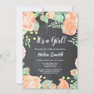 It's A Girl Pink Floral Baby Shower Chalkboard Invitation
