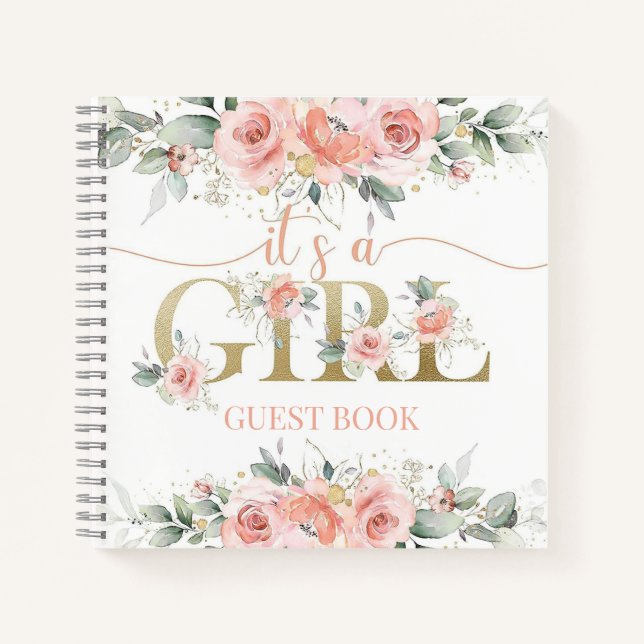 its a girl pink floral baby shower guest book (Front)