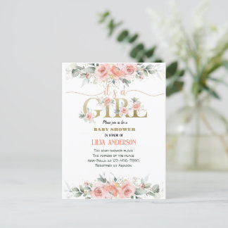 I'ts a girl pink floral Baby Shower invitation Postcard