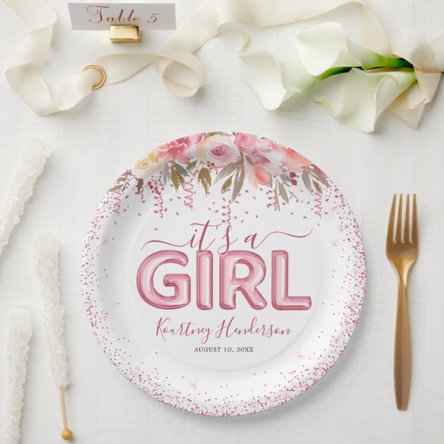 It's a Girl Pink Floral Baby Shower Paper Plate (Wedding)