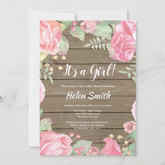 It's A Girl Pink Floral Baby Shower Rustic Wood Invitation (Front)