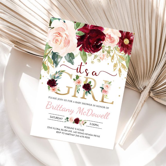 Its a Girl Pink Floral Burgundy baby shower Invitation (Creator Uploaded)