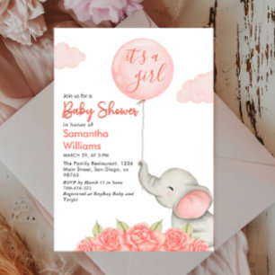 Its A Girl Pink Floral Elephant Baby Shower Invitation