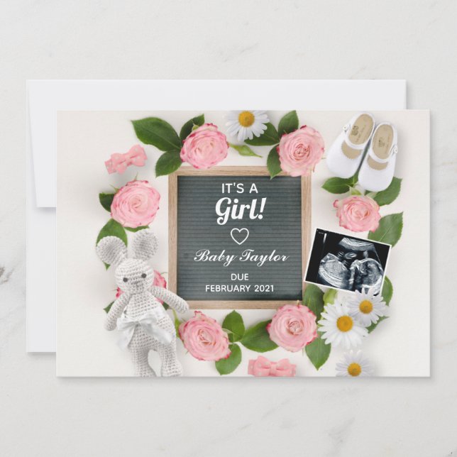It's a Girl Pink Floral Letter Board Pregnancy Announcement (Front)