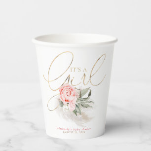 It's a Girl Pink Floral Pampas Grass Baby Shower Paper Cups