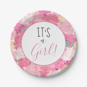 It's a Girl Pink Floral Pattern Baby Shower Paper Plate