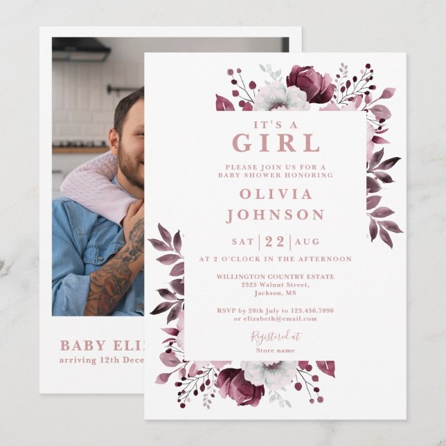 Its A Girl Pink Floral Photo QR Code Baby Shower Invitation (Front/Back)