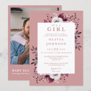 Its A Girl Pink Floral Photo QR Code Baby Shower Invitation