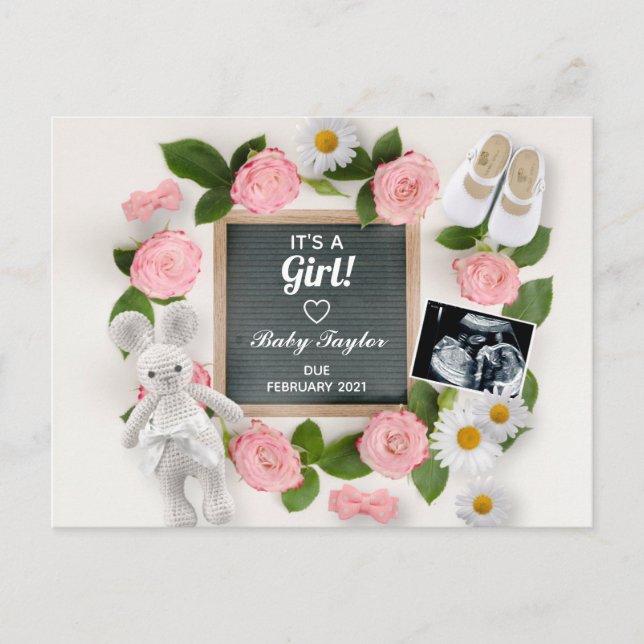 It's a Girl Pink Floral Pregnancy Letter Board Announcement Postcard (Front)
