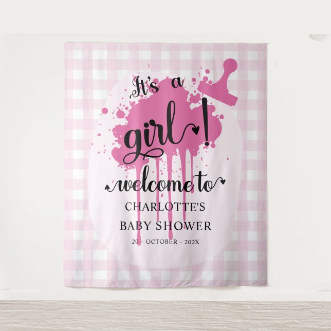It's a Girl! Pink Gingham Baby Shower Backdrop Tapestry (Front)