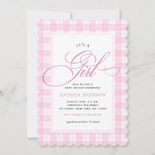 It's a Girl Pink Gingham Plaid Winter Baby Shower Invitation