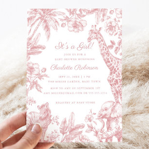 It's a Girl Pink Girl Baby Shower Safari Toile Invitation
