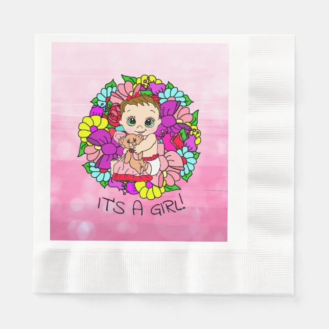 It's a Girl, Pink Girl's Baby Shower Caucasian Napkin (Front)