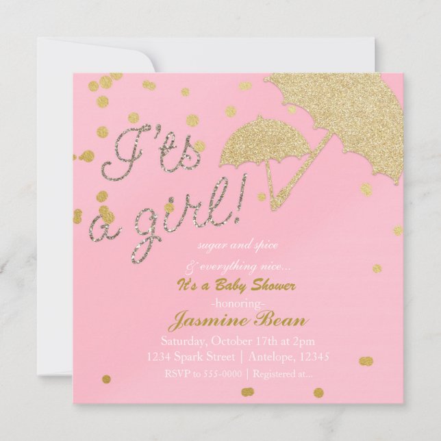 IT'S A GIRL Pink & Gold Baby Shower Invitation (Front)