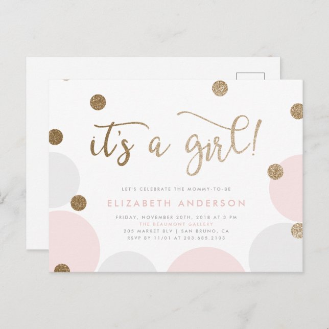 It's a Girl! | Pink & Gold Confetti Baby Shower Invitation Postcard (Front/Back)