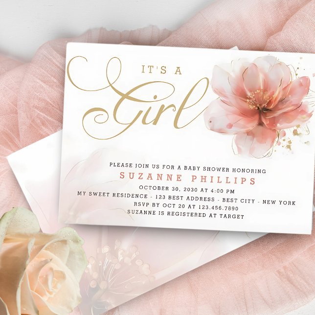 It's a Girl Pink Gold Floral Modern Baby Shower  Invitation (Creator Uploaded)
