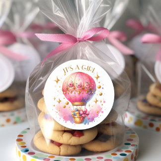 It's a Girl Pink Gold Hot Air Balloons Baby Shower Classic Round Sticker