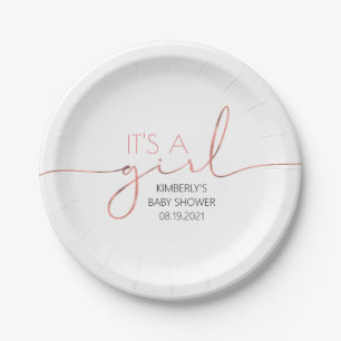 It's A Girl Pink Gold Script Baby Shower Modern Paper Plate
