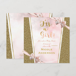 It's a Girl Pink Gold Tan Vintage Girl Baby Shower Invitation