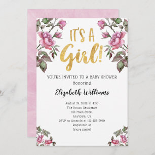 It's A Girl Pink Gold Watercolor Baby Shower Invitation